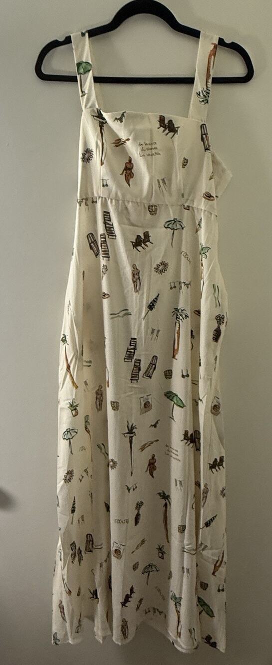 Endless Moon Linen Blend Midi Dress L Beach Print Tie Back Sleeveless NWT